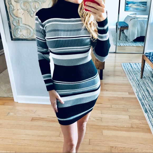 VENUS Dresses & Skirts - Venus black, gray and white striped sweater dress